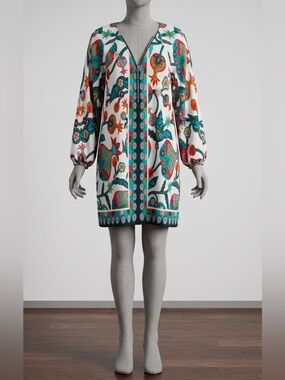 Zele White Floral & Teal Zip-Front Mini Dress